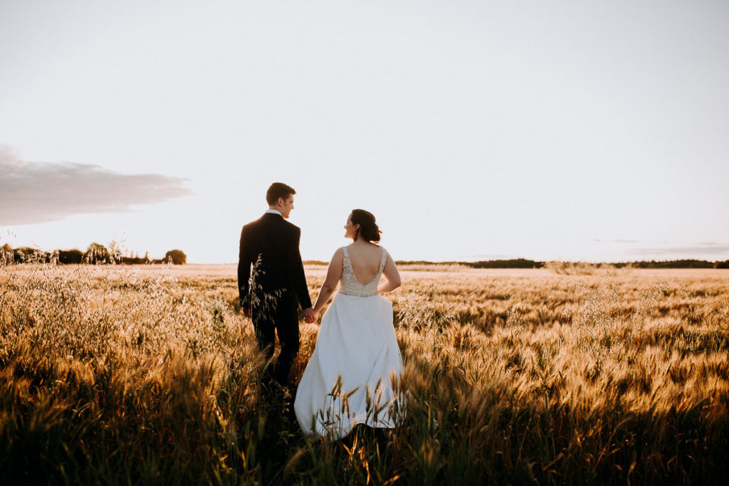 Bride and groom walking into a field at sunset near Gimli, Manitoba